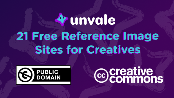 Image depicts the text "21 Free Reference Image Sites for Creatives" along with the Creative Commons and Public Domain logos.
