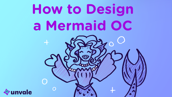 Image depicts a doodle of the blog writer with a purple mermaid tail, gesturing towards the text "How to Design a Mermaid OC."