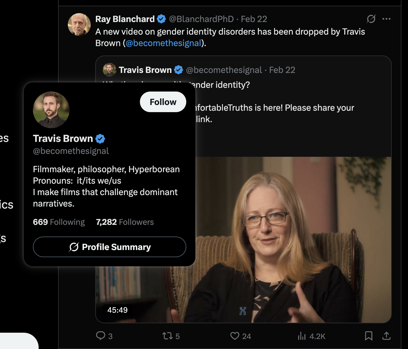 Screenshot of Ray Blanchard promoting an anti-trans film by Travis Brown, who calls himself a "filmmaker, philosopher, Hyperborean"