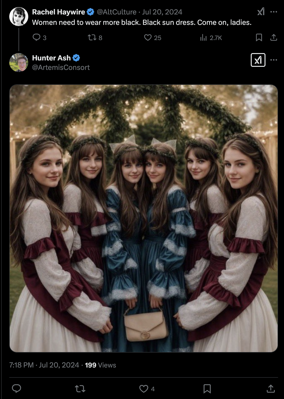 Tweet from @AltCulture on Jul 20, 2024: "Women need to wear more black. Black sun dress. Come on, ladies." @ArtemisConsort replies with an AI generated picture of 6 women in dressed posed to look like a Sonnenrad.