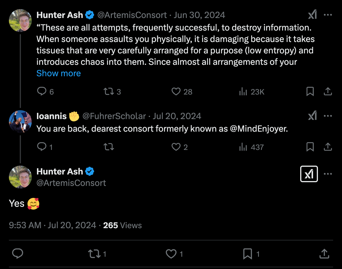 Tweet from @FuhrerScholar on Jul 20, 2024: You are back dearest consort formerly known as @MindEnjoyer." Reply from @ArtemisConsort: "Yes 🥰"