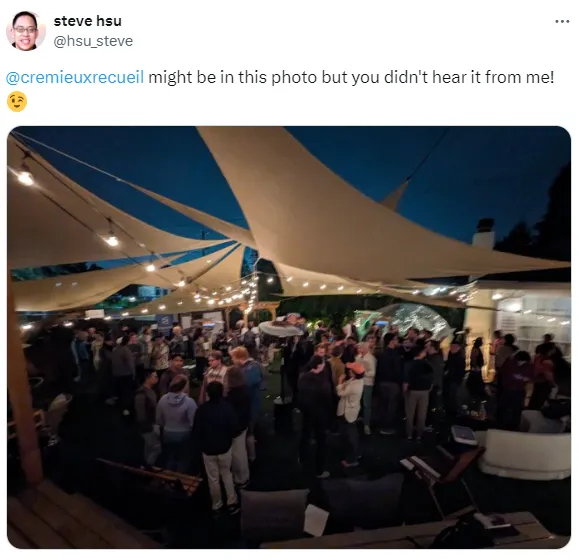 Steve hsu (@hsu_steve) tweet reading "@cremieuxrecueil might be in this photo but you didn't hear it from me!" accompanies by a photo of Manifest 2024
