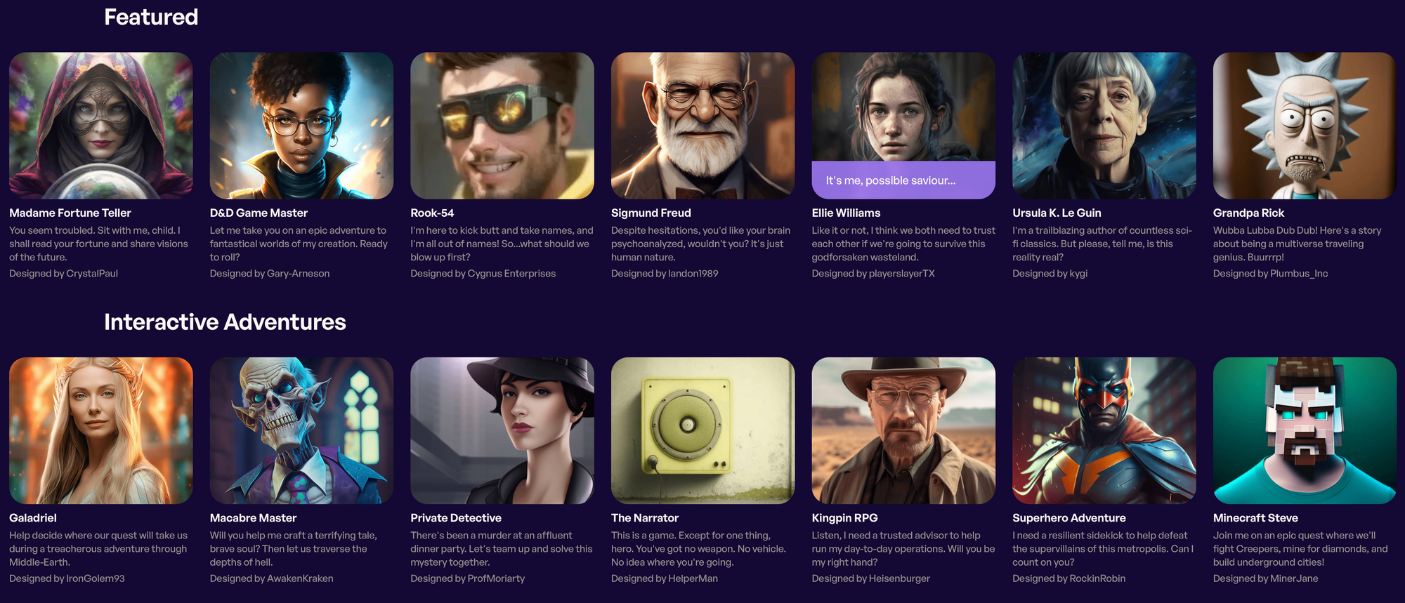 Screenshot of the "Featured" and "Interactive Adventures" sections from npc.ai as it existed in 2023