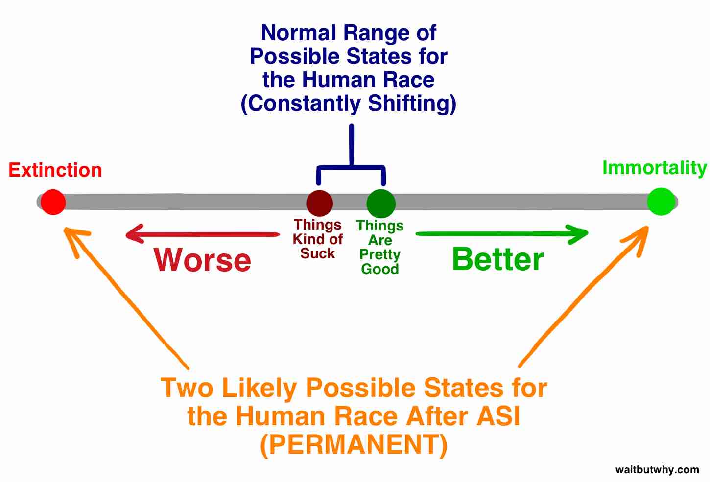 Image by Tim Urban showing "two likely possible states for the human race after ASI": Extinction and immortality