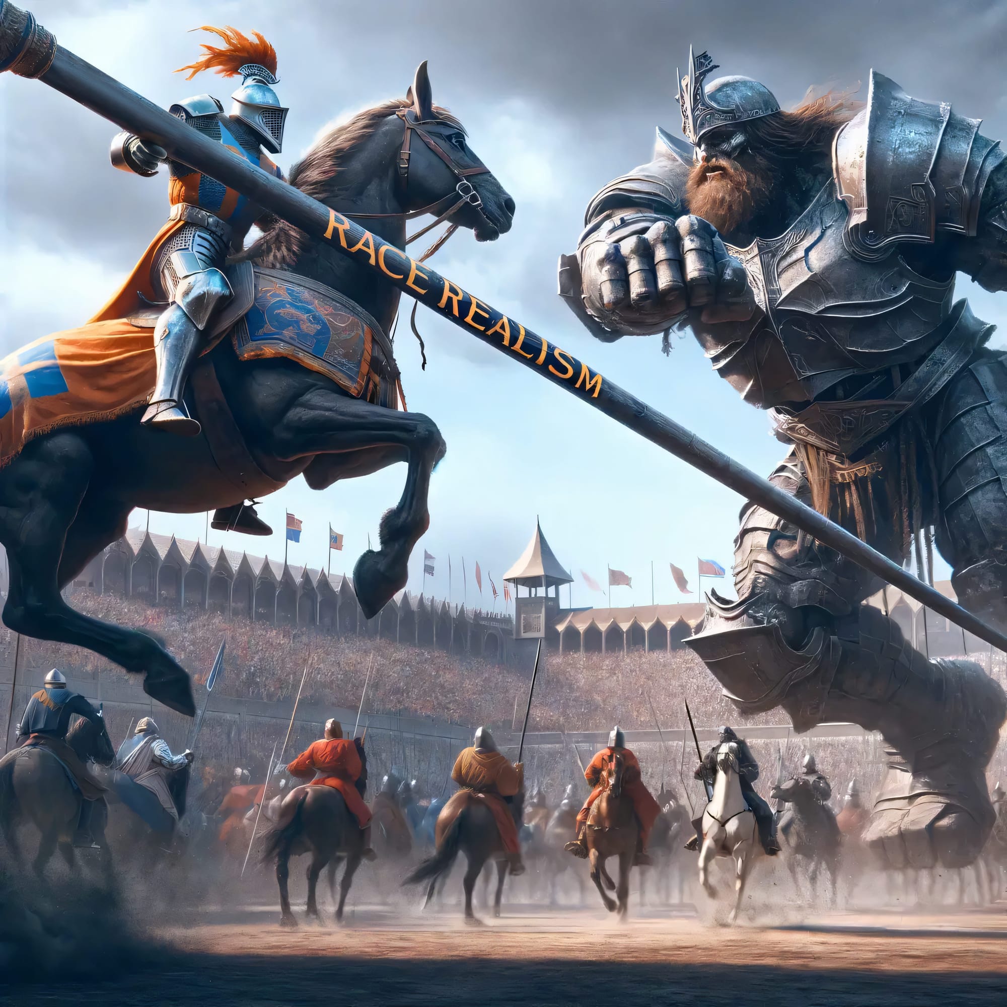 AI image generated by Nathan Cofnas showing a medieval knight with "race realism" written on his spear