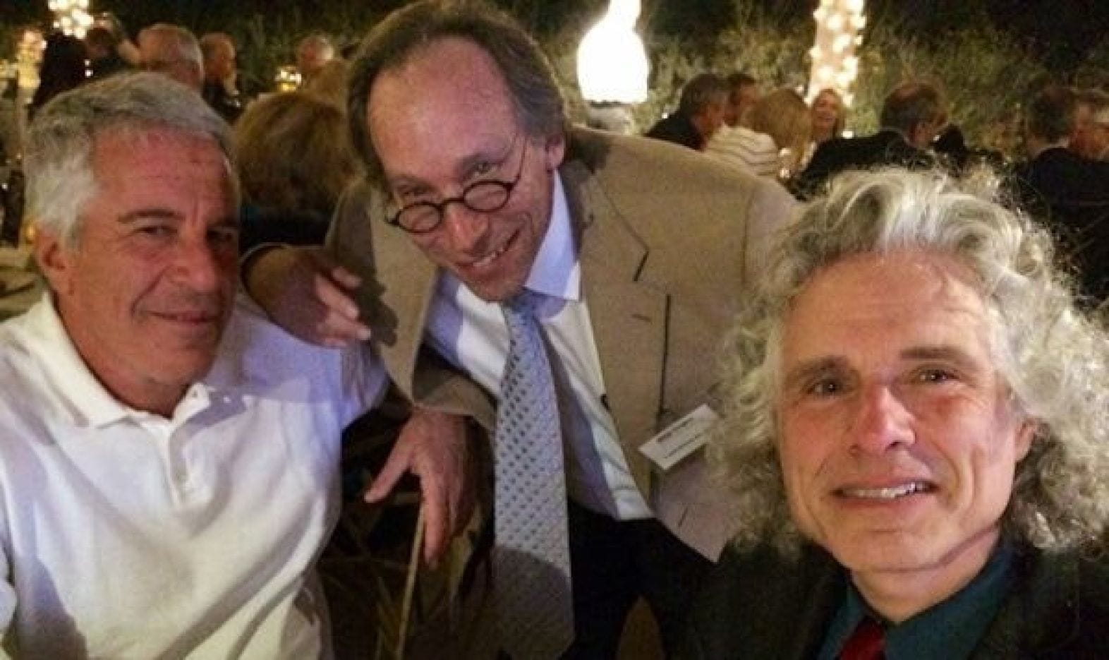 Jeffrey Epstein, Lawrence Krauss and Steven Pinker pose together in 2014.