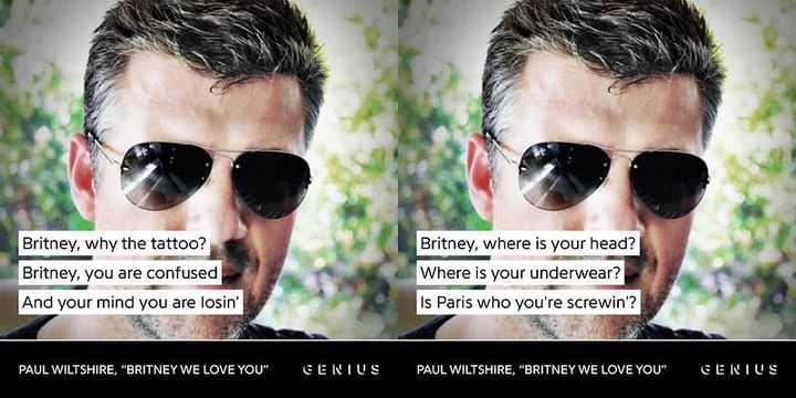 Genius.com lyric cards displaying lyrics to Paul Wiltshire — Britney We Love You