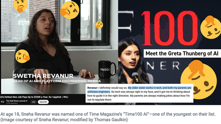 Screenshots of Sneha Revanur, the “Greta Thunberg of AI” and her interview saying her sister work contrasted with a screensho