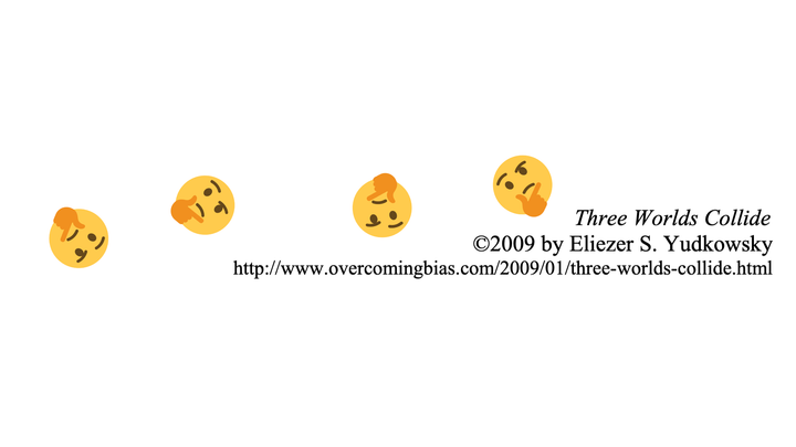 A screenshot of the title of *Three Worlds Collide* as it exists in the released PDF with thinking emojis overlaid.