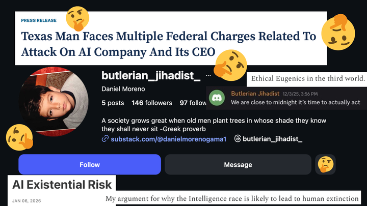 Screenshot of Daniel Moreno-Gama's "buterian_jihadist_" Instagram account alongside a headline about his arrest and quotes of his about AI and eugenics