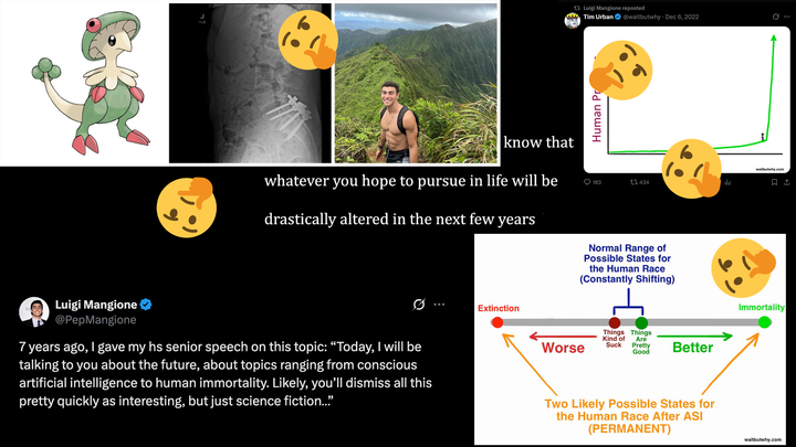 A collage of Luigi Mangione's tweets alongside posts from Tim Urban about AI.
