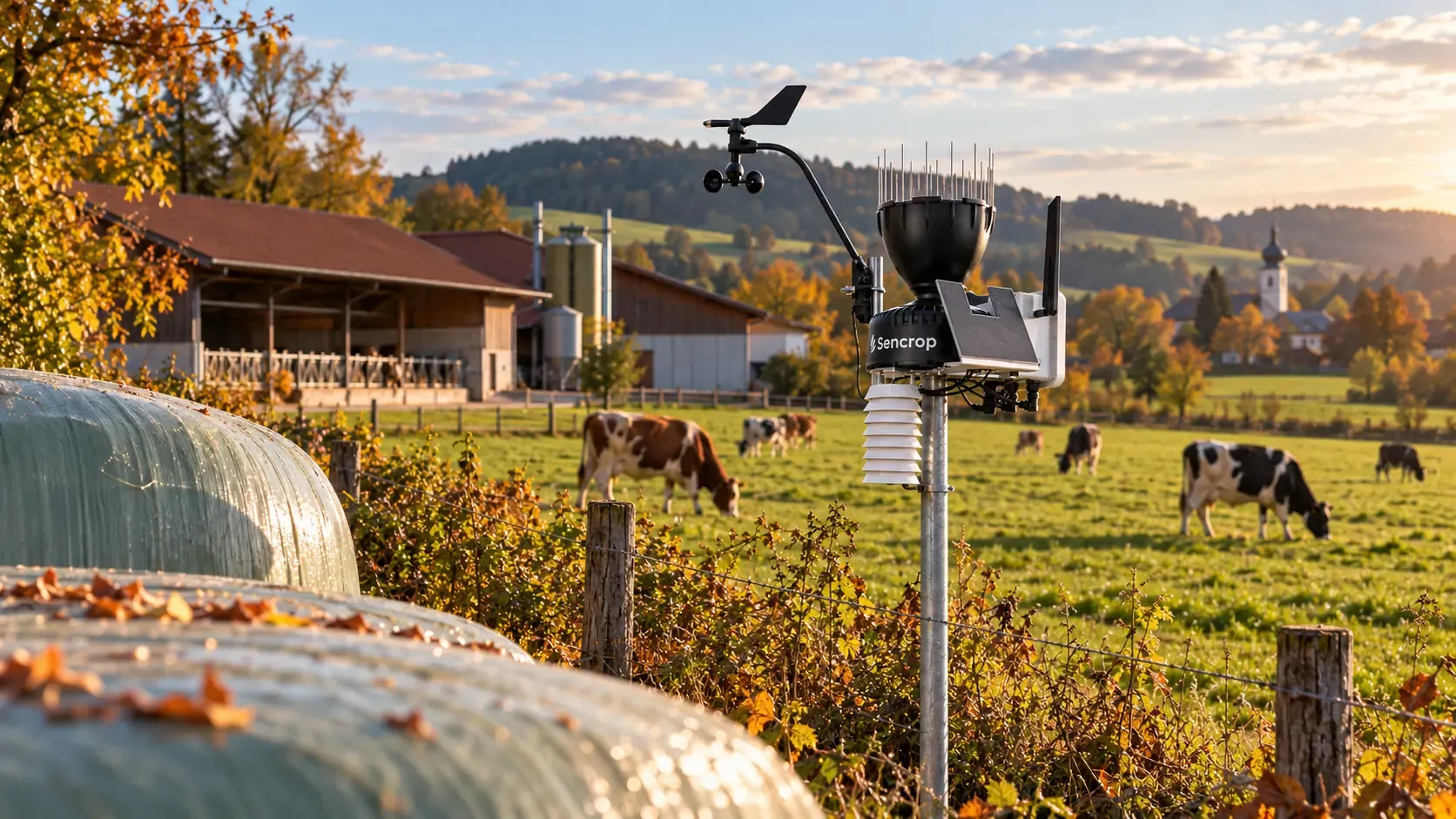 Sencrop-Wetterstation auf einer Grünlandfläche im Herbst mit Milchkühen