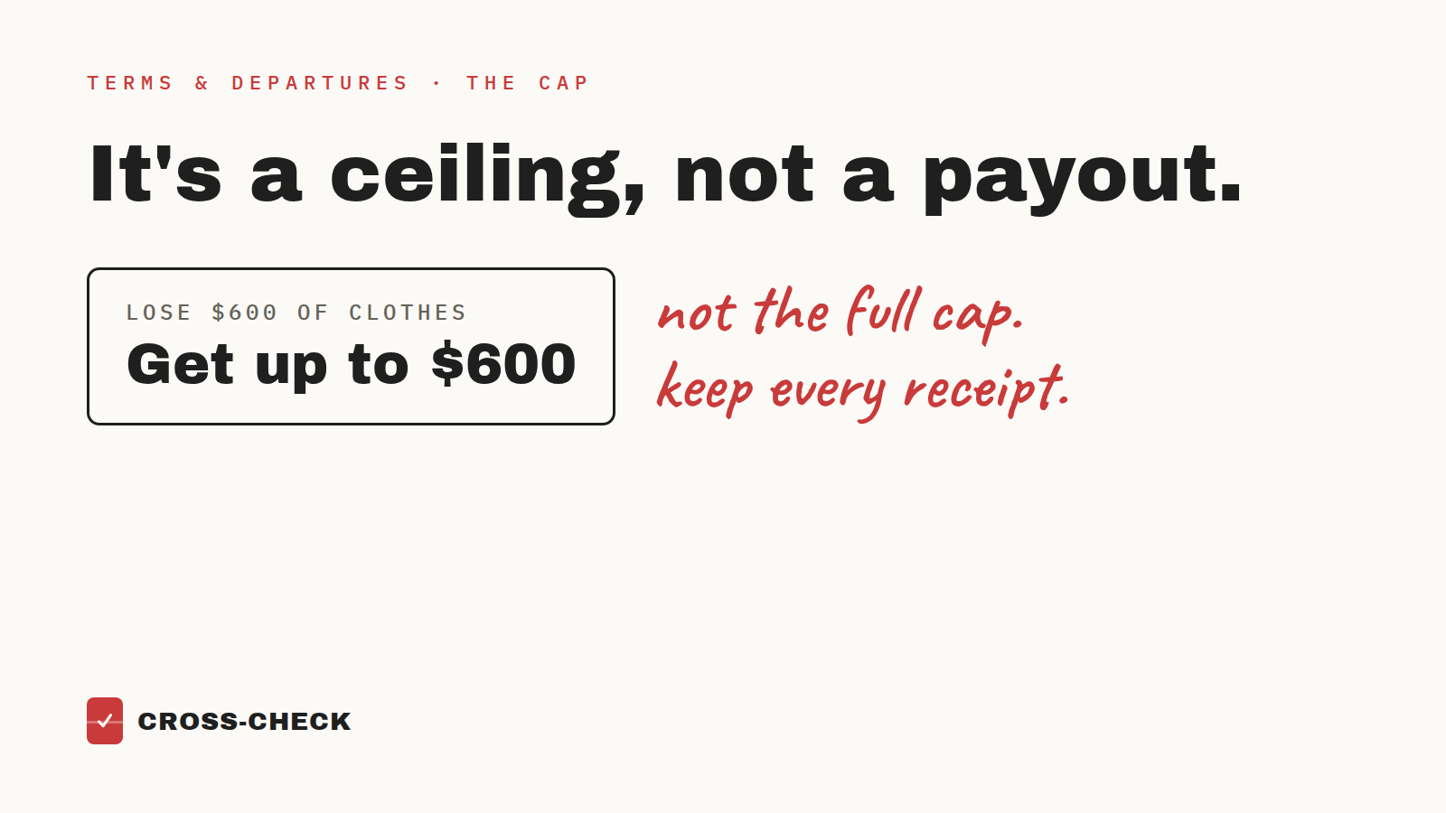 The cap is a ceiling, not a payout: lose $600 of clothes, get up to $600