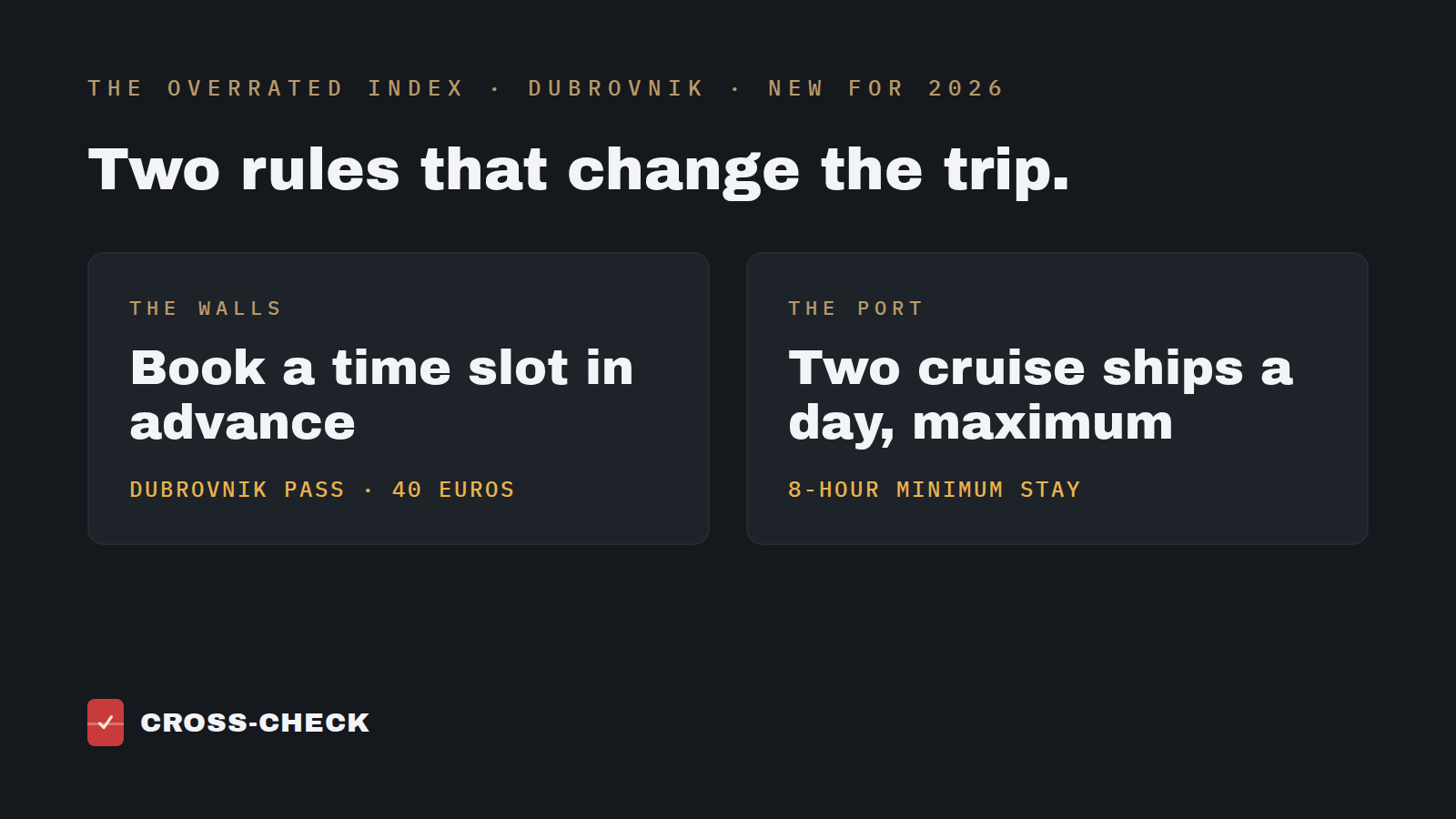 New for 2026: book a wall time slot through the 40 euro Dubrovnik Pass; maximum two cruise ships a day with an 8-hour minimum stay