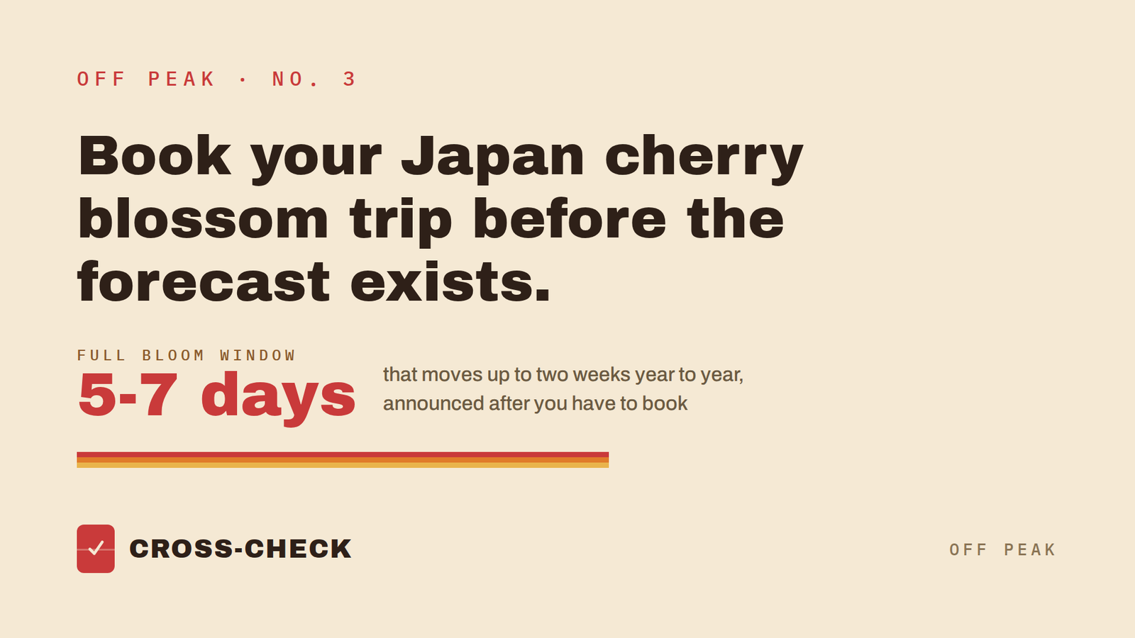 Cross-Check Off Peak graphic: Japan cherry blossom full bloom lasts 5-7 days.