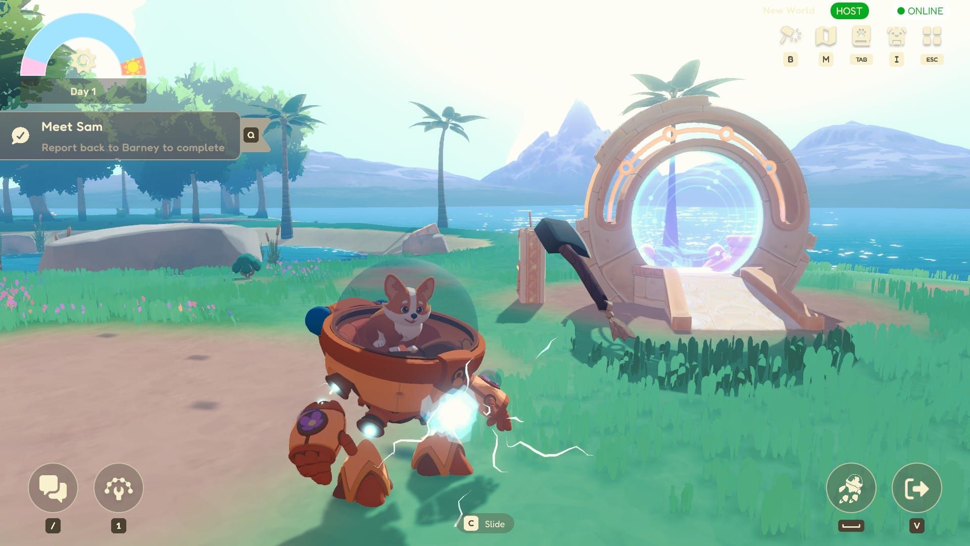 Dog in mech suit on island with magical portal in the backgroun
