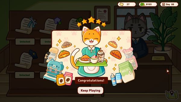 Orange cat holding a tray with a croissant, matcha, and coffee drink. Showing the player they have won the game, Cats & Cups