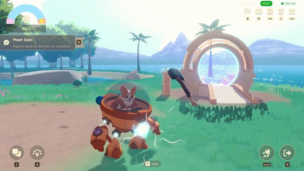 Dog in mech suit on island with magical portal in the backgroun