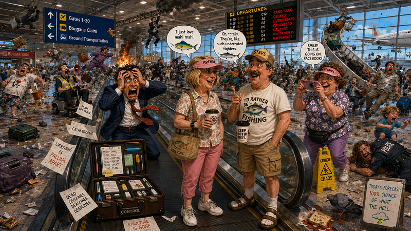 Cartoon-style airport chaos on a moving walkway: a businessman has a full mental breakdown while Brenda and Steve casually di