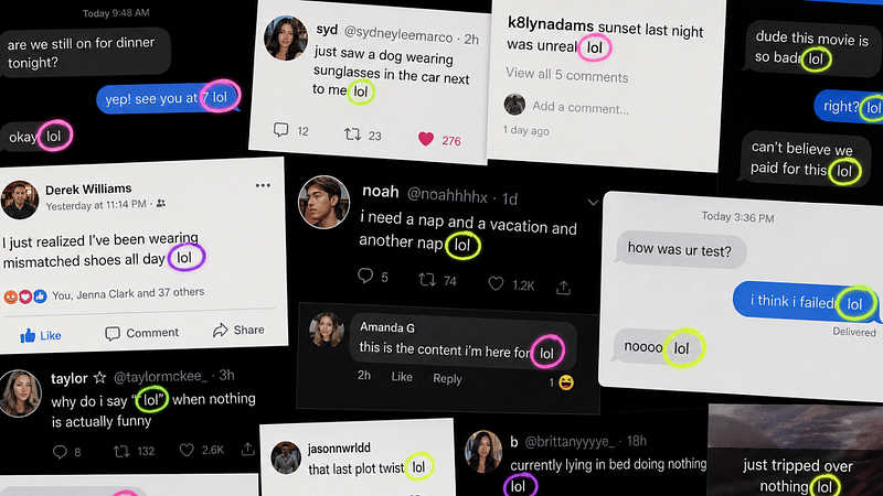 Collage of cropped text messages and social media posts on a dark background, with each instance of “lol” circled in bright n