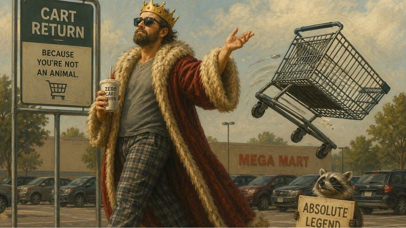 A bearded man wearing a crown and fur-trimmed robe gestures dramatically beside a shopping cart return in a parking lot while