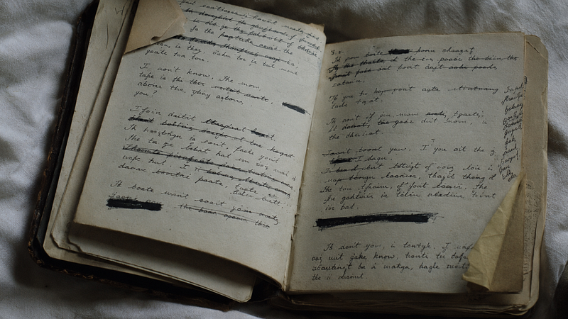 A worn journal lies open, its pages filled with handwritten text — lines crossed out, words blacked out with ink, and notes c