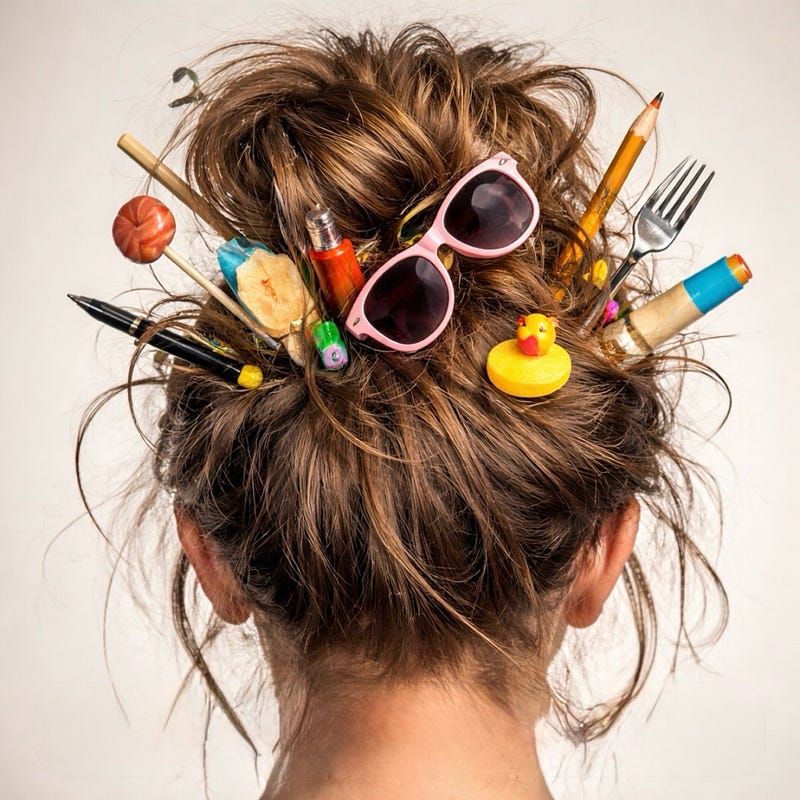 A person with their hair in a messy bun, with various colorful objects tucked into it, including pink sunglasses, pencils, a
