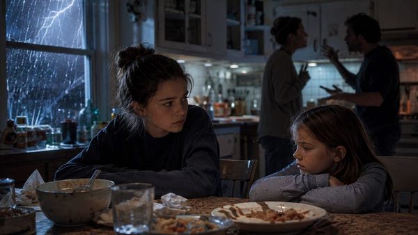 Two young girls sit quietly at a kitchen table during a storm while two adults argue in the background near the kitchen count