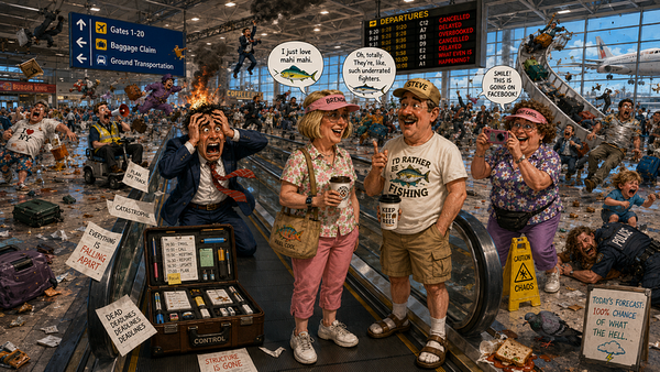 Cartoon-style airport chaos on a moving walkway: a businessman has a full mental breakdown while Brenda and Steve casually di