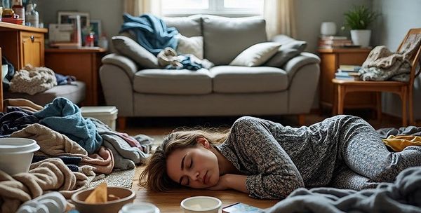 Woman in cozy sweater lying face-down on hardwood floor of cluttered living room with clothes, blankets, and coffee mugs scat