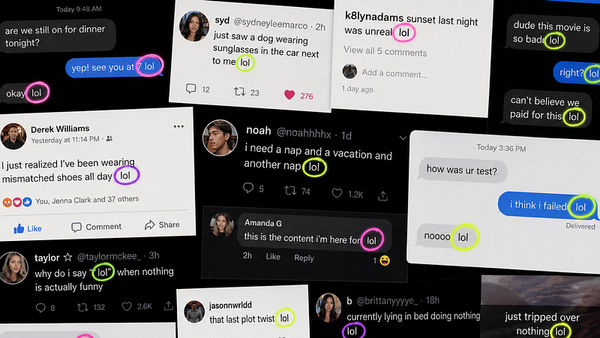 Collage of cropped text messages and social media posts on a dark background, with each instance of “lol” circled in bright n
