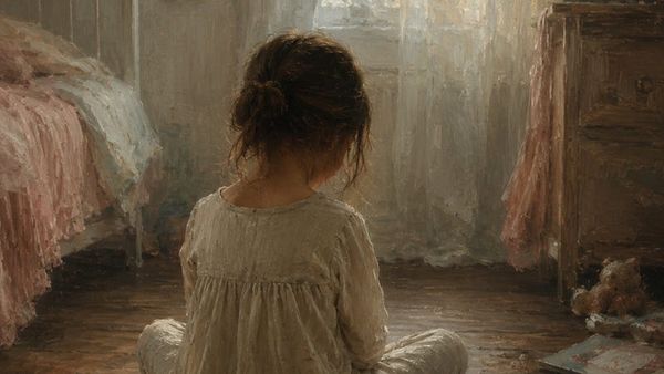 A young girl sits alone on the floor of a softly lit bedroom, facing away from the viewer. The room has a muted, painterly fe