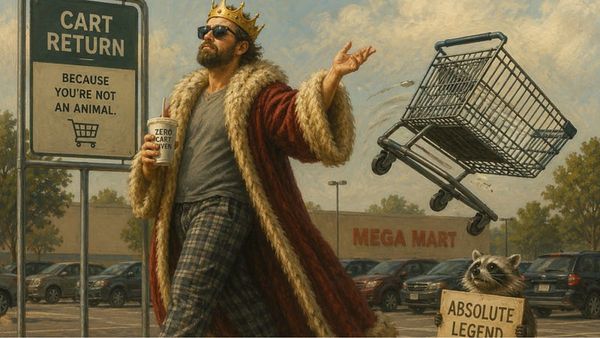 A bearded man wearing a crown and fur-trimmed robe gestures dramatically beside a shopping cart return in a parking lot while