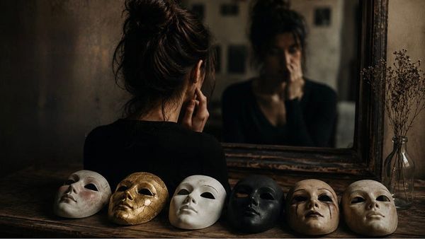Woman sitting in front of a mirror beside a row of theatrical masks, reflecting themes of identity, emotion, and hidden pain.