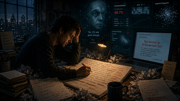 A tired writer sits at a messy desk late at night, surrounded by crumpled drafts and glowing screens. One monitor displays a