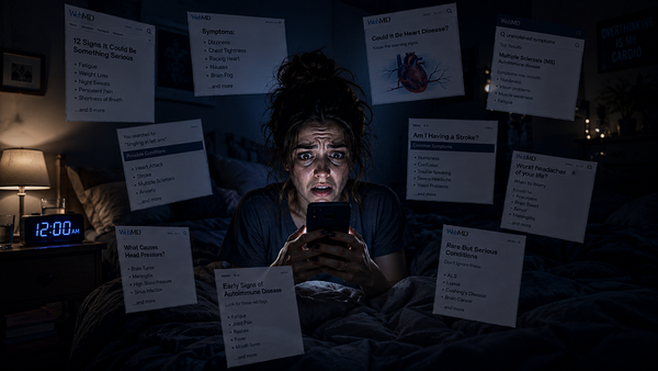 A stressed woman sits upright in bed at midnight, staring in horror at her phone as glowing WebMD pages and symptom lists flo