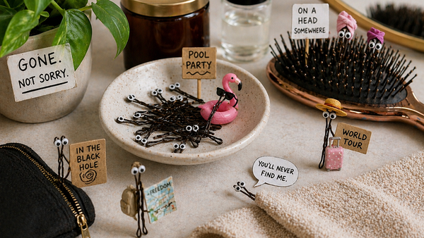 A playful setup of bobby pins posed like characters with googly eyes, each beside tiny signs such as “POOL PARTY,” “IN THE BL
