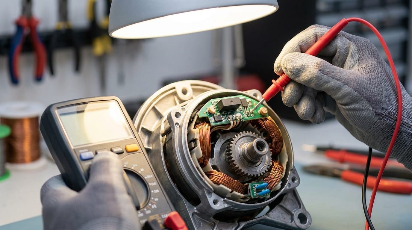 A technician measuring electrical circuits inside an open household appliance motor with a digital tool.