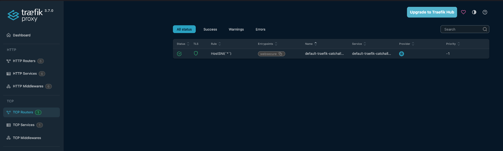 screenshot of Traefik Proxy dashboard with one route