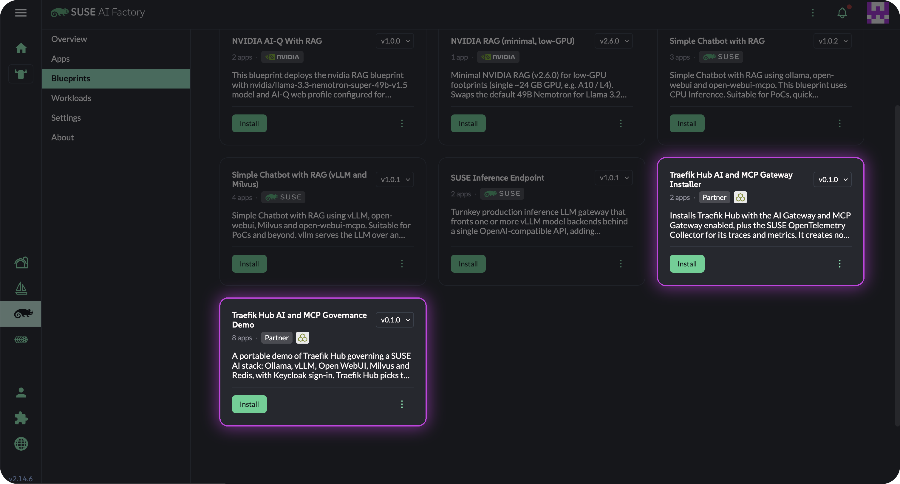 The two Traefik Hub partner blueprints in the SUSE AI Factory blueprint catalog