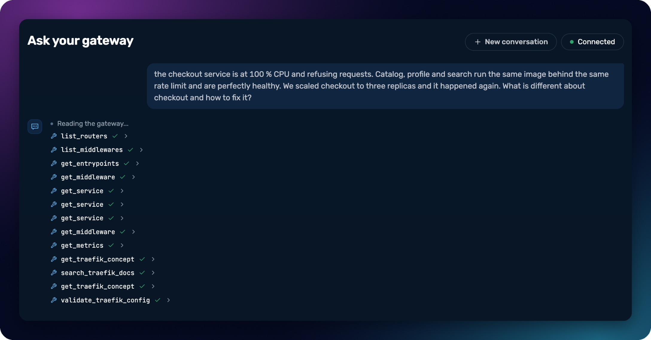Ask your gateway in Traefik Hub: the question about the checkout service, and the tool calls the agent made, ending with validate_traefik_config