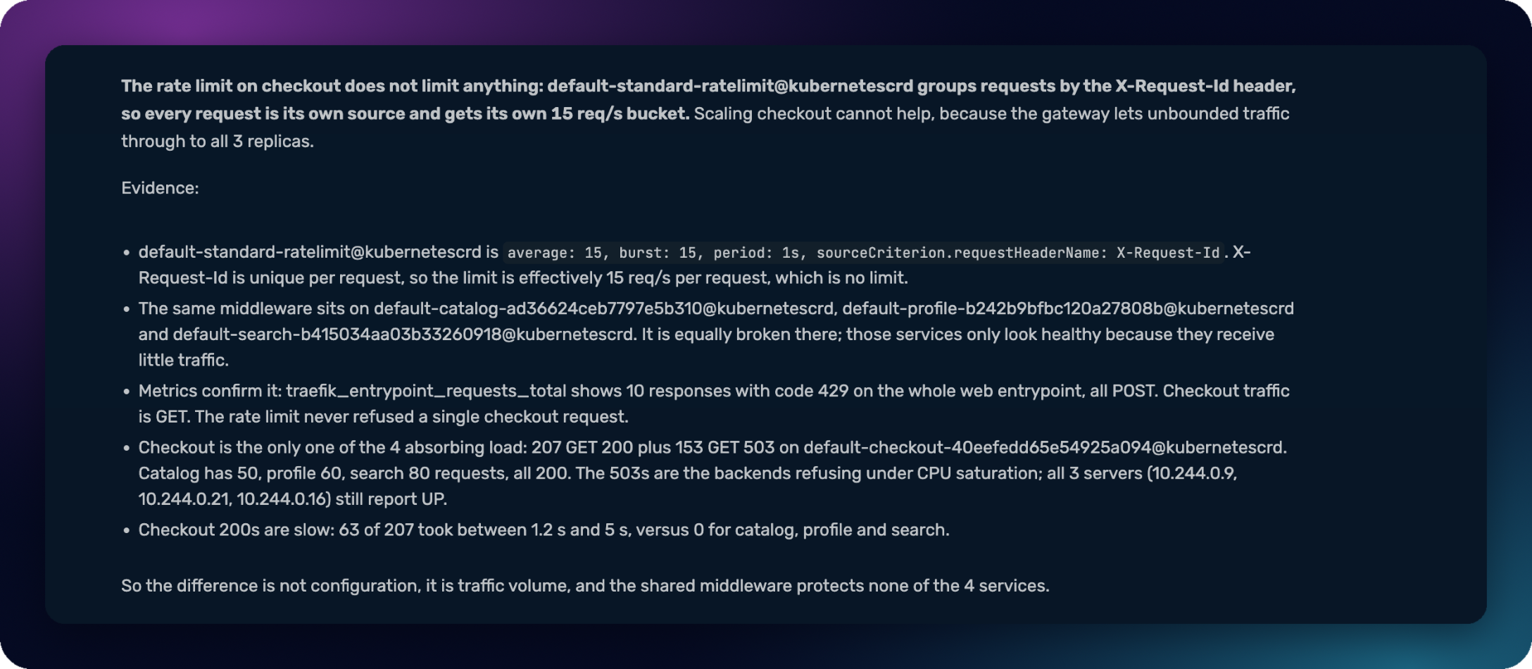 The agent's answer: the rate limit groups requests by X-Request-Id, so every request gets its own bucket, with the evidence from configuration and metrics