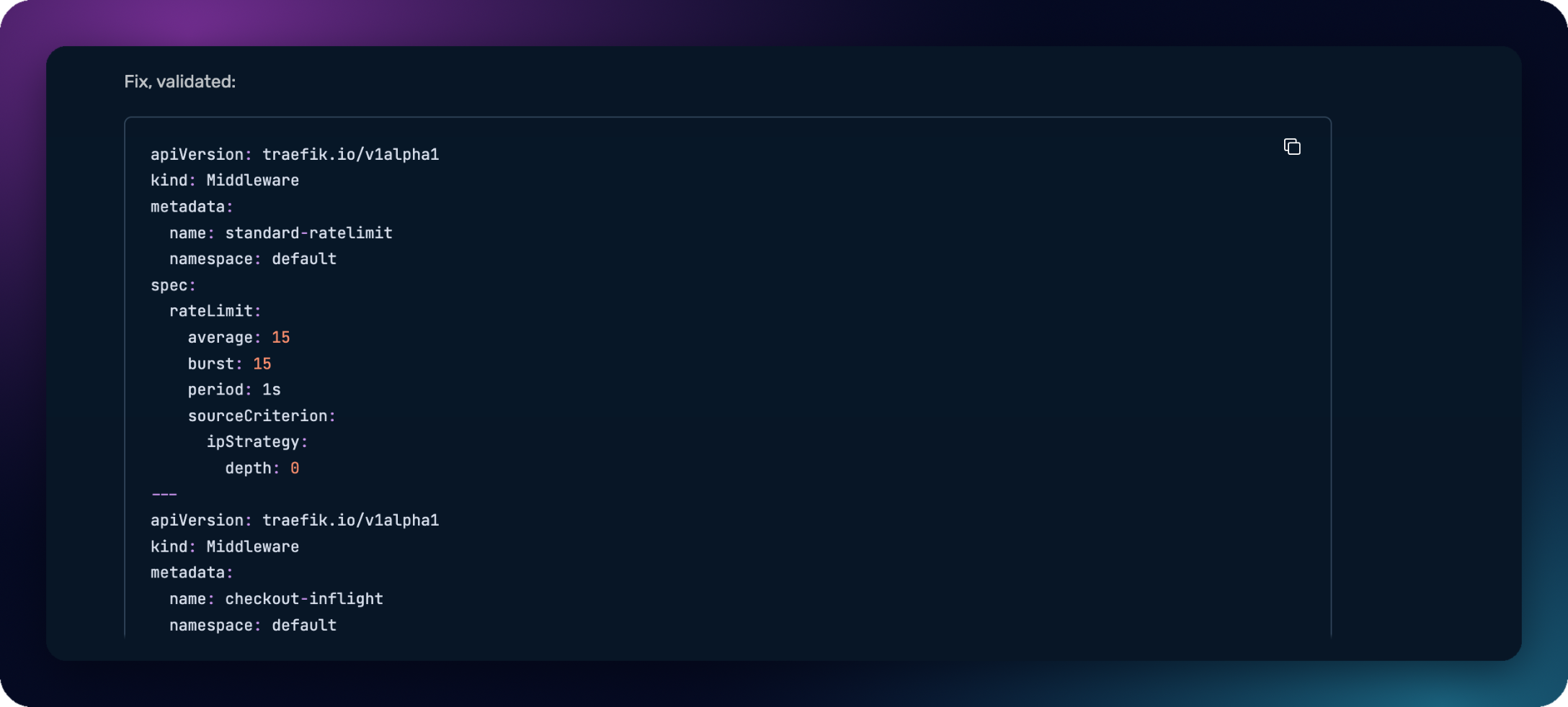 The validated fix: the rate limit regrouped by client IP (ipStrategy depth 0), followed by a checkout-inflight middleware