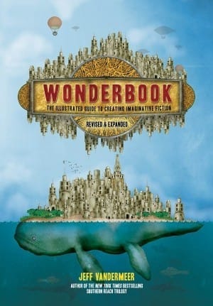 Cover of Wonderbook. A whale with a city on its back below a floating city emblazoned with the title.