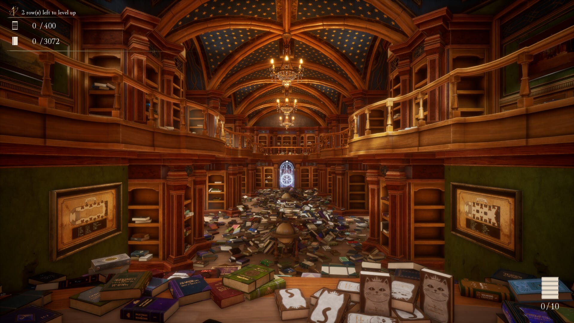 A screenshot from the game Librarian (see below) a sumptous library with arched ceilings and wooden built in bookshelves lining the walls is in absolute chaos as every single book is on the floor.