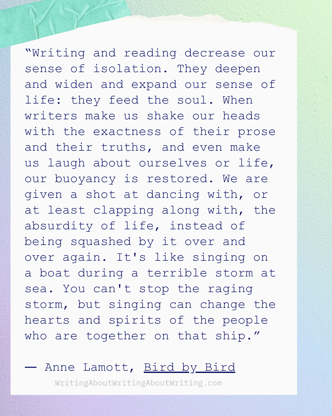 Quote post from bluesky featuring an anne lamott quote starting "writng and reading decrease our sense of isolation"