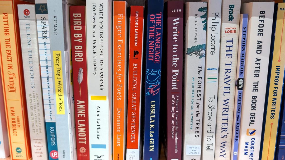 A bookshelf of writing books, spines out. Mostly white and orange/red for some reason.