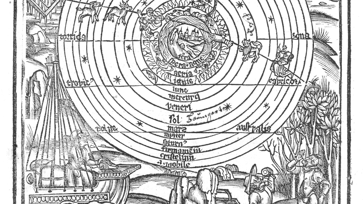 Excerpt of a 1502 copy of Virgil, shwoing a terra centric model of the solar system surrounded by a ship and two figures (possibly astronomers?).