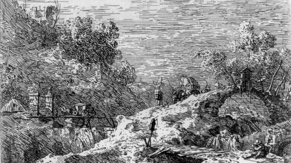 An etching of an italian road around 1743 with three bridges. A wooden footbridge in the foreground and background and a stone arch with trees in the middle.