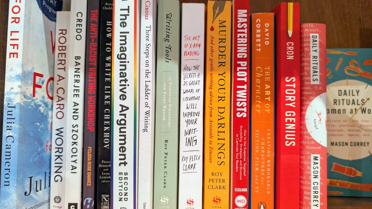 Photo of a bookshelf of writing books.